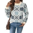 thumbnail image 2 of Women Snowflake Pattern Sweater Contrast Trim Crew Neck Long Sleeve Knit Tops Casual Loose Fit Pullover Sweaters Blue L, 2 of 10