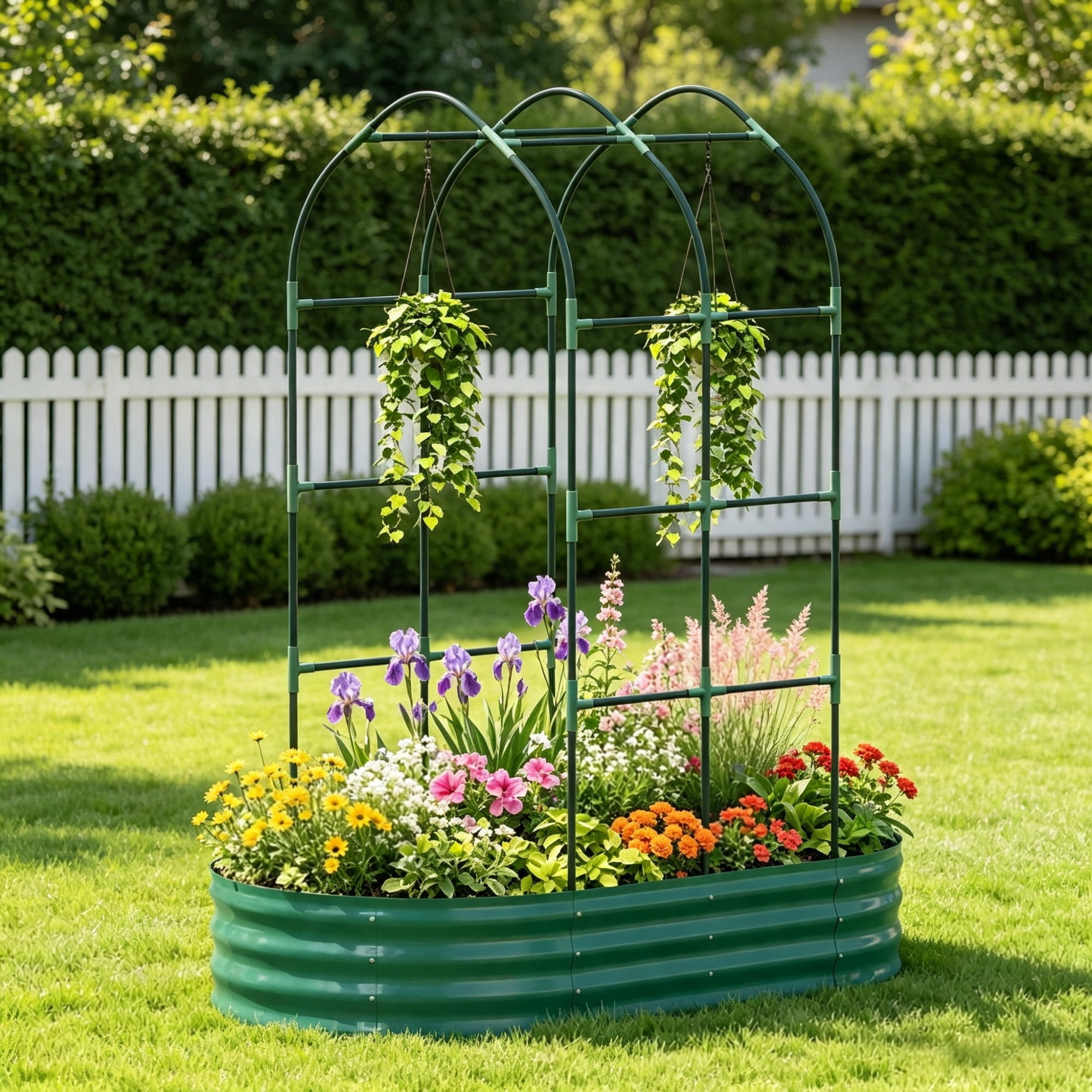 Galvanised Metal Raised Garden Bed, 5 x 3 x 6ft Outdoor Planter Box, Arched Trellis, Open Bottom, Green (Only for Elevated Garden Beds)