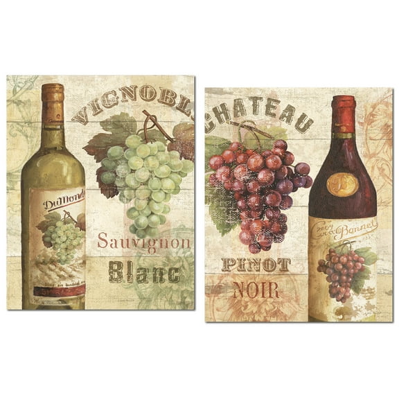 Vintage Beige Pinot Noir and Sauvignon Blanc Wine Bottle Adult Decor; 2 - 11" x 14" Unframed Posters