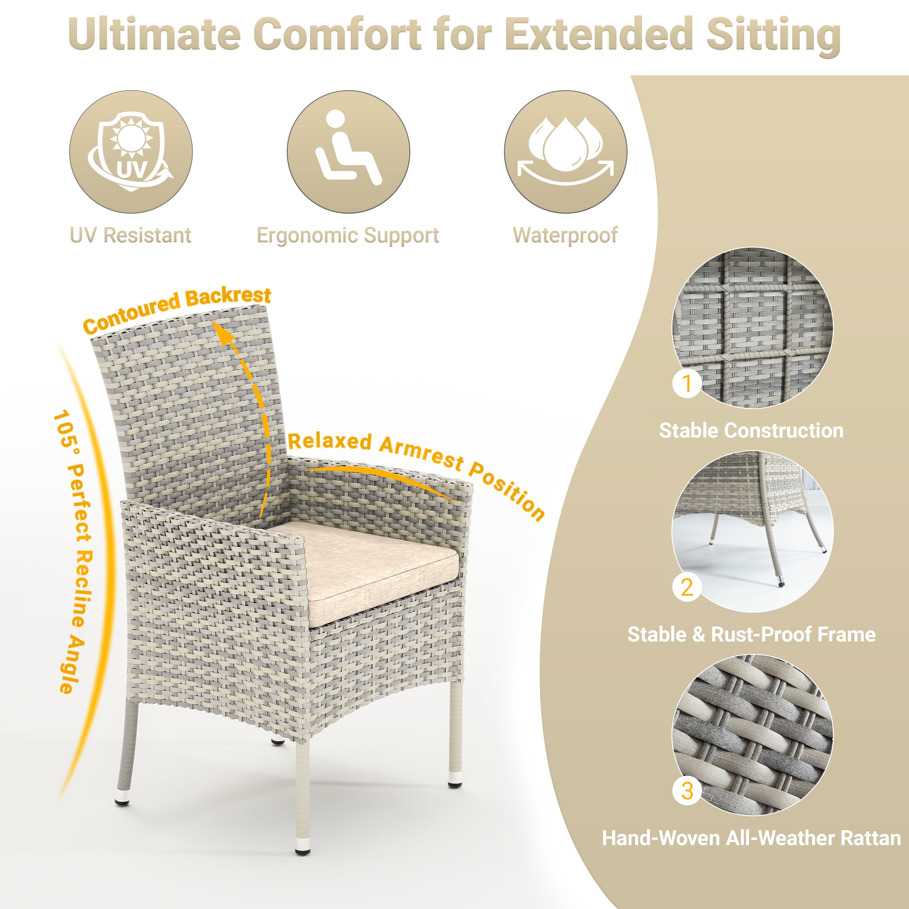 Muphyers 5 Piece Patio Dining Sets for 4 Comfortable Ergonomic Seats Durable Rattan Glass Top Patio Table and Chair Set Removable Cushions Conversation Sets for Home Patio Garden Kitchen,Khaki
