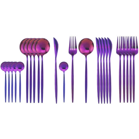 JASHII Silverware Sets, 24-Piece Stainless Steel Flatware/Cutlery/Tableware Set Service for 6 Person, Include Knife/Fork/Spoon, Mirror Polished (Purple)