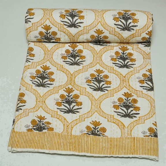 Ozark Textile Mustard Floral Indian Handmade 100% Cotton Coverlet
