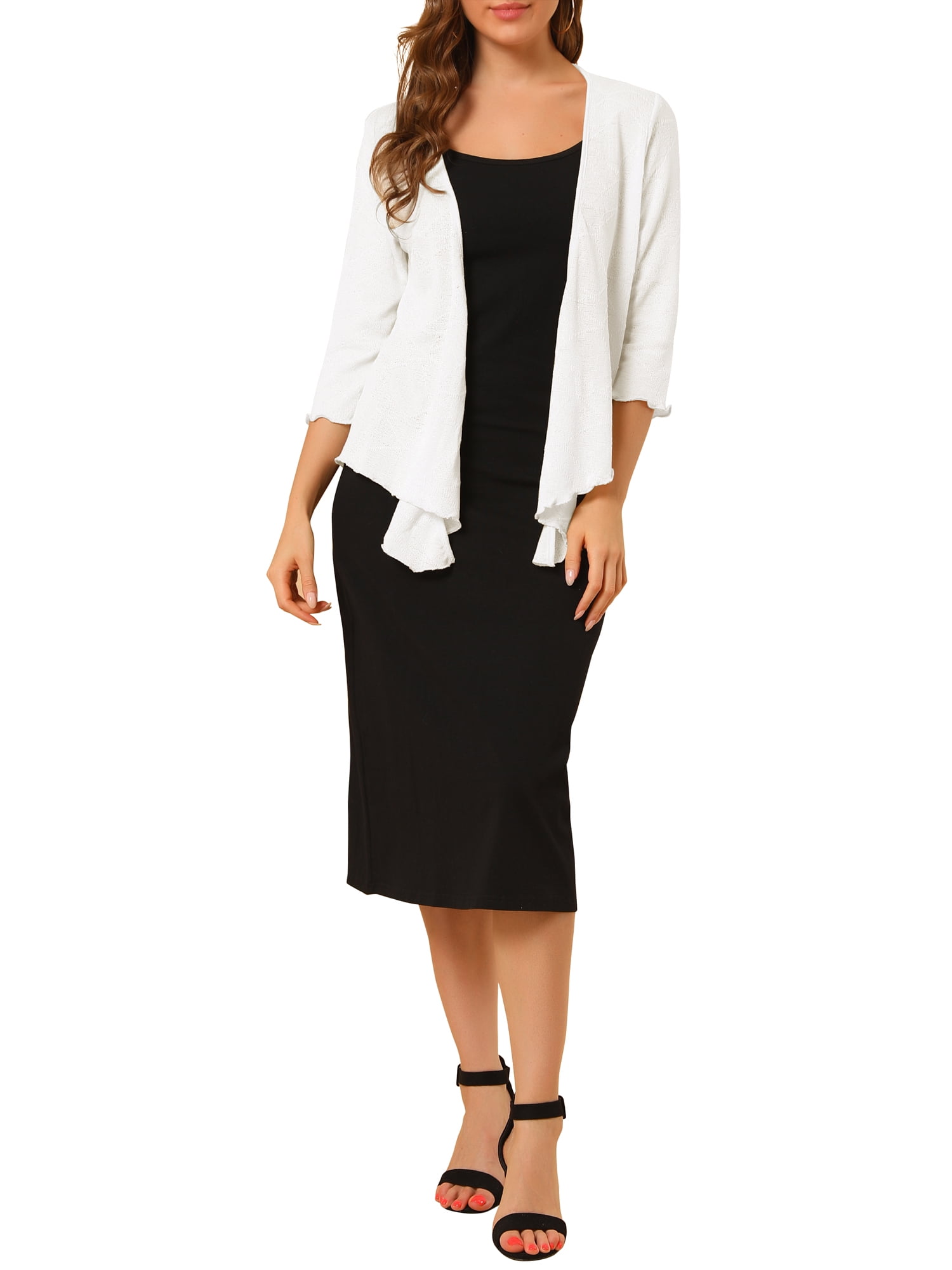 Unique Bargains Women's Open Front Knit Cardigan Tied Bolero Shrug L White
