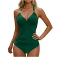 thumbnail image 3 of Kinrui Halter Tankini Swimsuit for Women Tummy Control Two Piece Bathing Suit Sexy V Neck Swim Tank Tops with Bikini Bottoms Green,M, 3 of 5