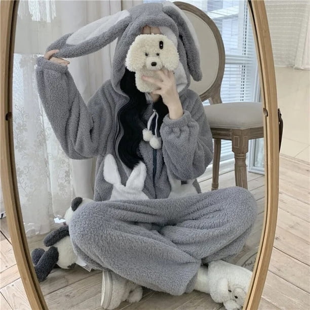Pijama Kigurumi con capucha de conejito para mujer, ropa de dormir bonita, ropa de dormir cálida, ropa de dormir Kawaii para mujer, Mono