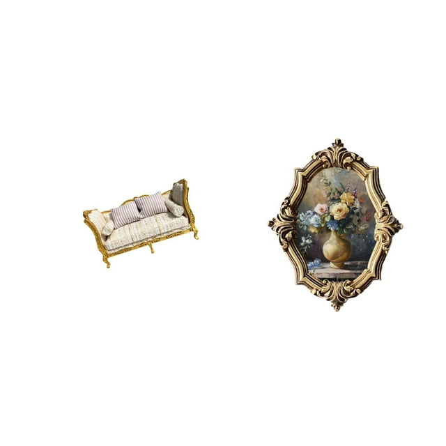 Sofá De Madera En Miniatura Y Marco De Fotos De Resina. Diseño Vintage. Muebles De Simulación Artística Para Casa De Muñecas, Oficina, Dormitorio O Galería.