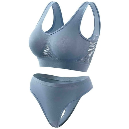 Virmaxy Womens Wirefree Sport Bras Briefs Set High Impact Workout Gym Activewear Set Workout Gathering Seamless Breathable Sports Underwear Panty Set Blue L