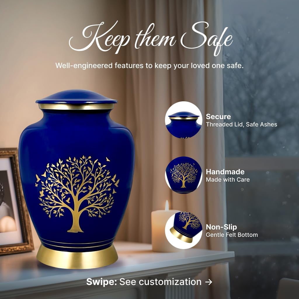 AmericUrn Blue Tree of Life Cremation Urns for Human Ashes – Adult Female and Male Memorial Set of 6 with 1 Large Urn, 4 Keepsake Urns & 1 Necklace Urn