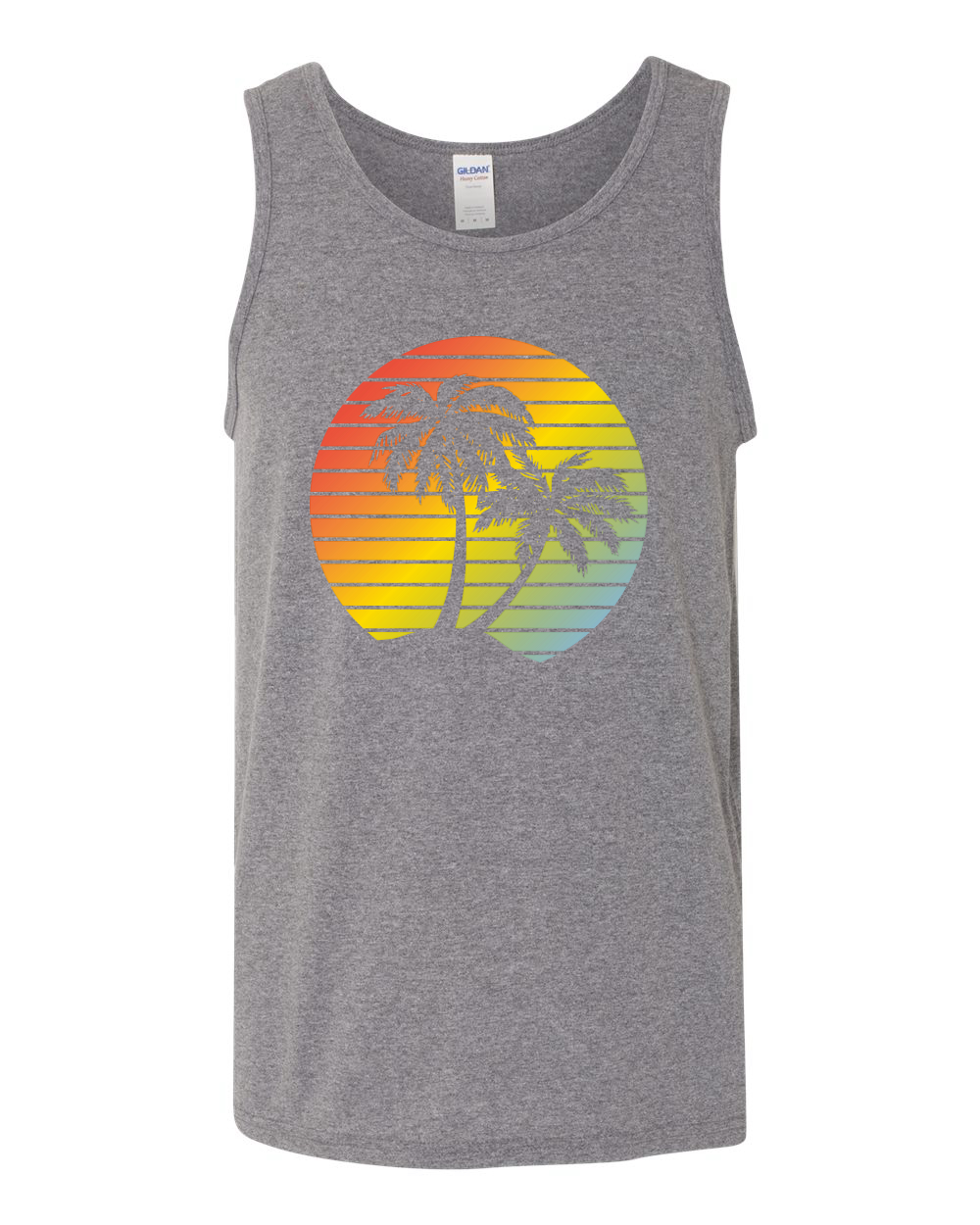 Two Coconut Palm Trees Beach Sunset | Mens Pop Culture Graphic Tank Top, Heather Grey, Small - image 2 of 4