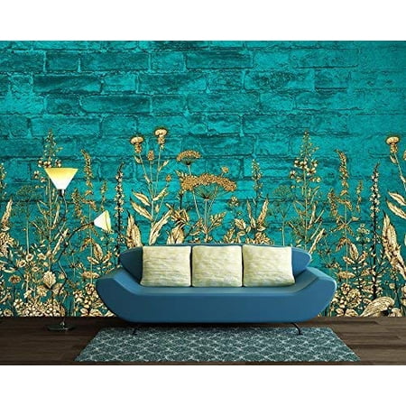 Wall26 Large Wall Mural Light Blue Flowers On Teal Color Brick