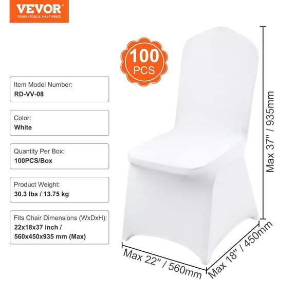 White Fitted Chair Covers 100PCS, Stretch Spandex for Banquet, Party, Wedding - Protective & Easy Clean