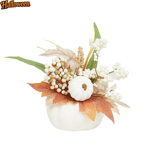 Artificial White Pumpkin Table Centerpiece, Fall Mini Pumpkin Pot Arrangement with Maple Leaves White Berries, Foam Pumpkin Tabletop Ornament for Thanksgiving Halloween Indoor Home Decor