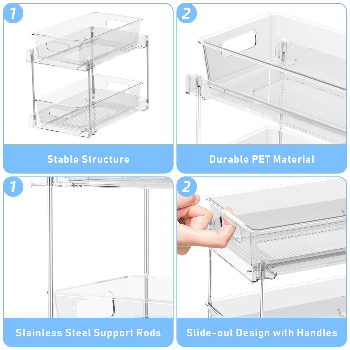 2-Tier Clear Under Sink Organizers and Storage, 2 Pack Pull-Out Cabinet Organizer,Vanity Countertop Container,Stackable Under Sink Organizer Organizers for Kitchen,Bathroom, Pantry Storage
