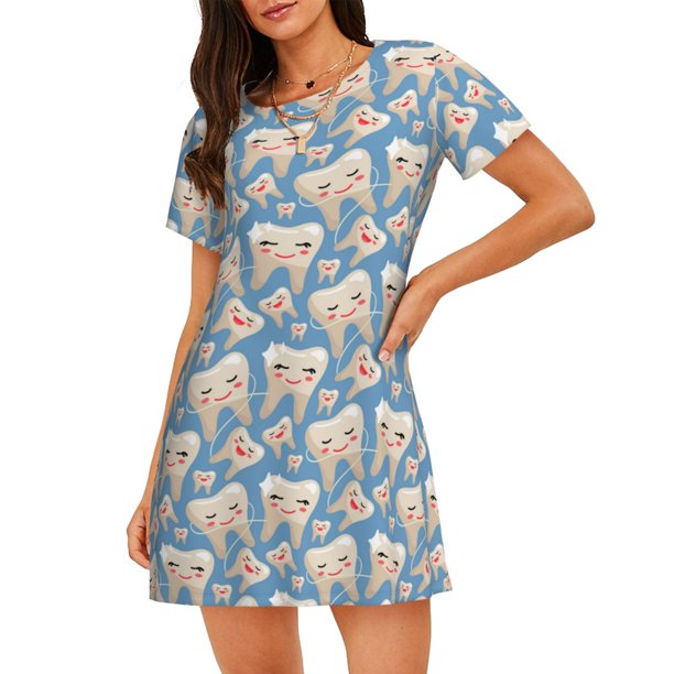 Balery Funny Cute Healthy Teeth Camisón de manga corta con cuello redondo para mujer, cómodo y elegante.