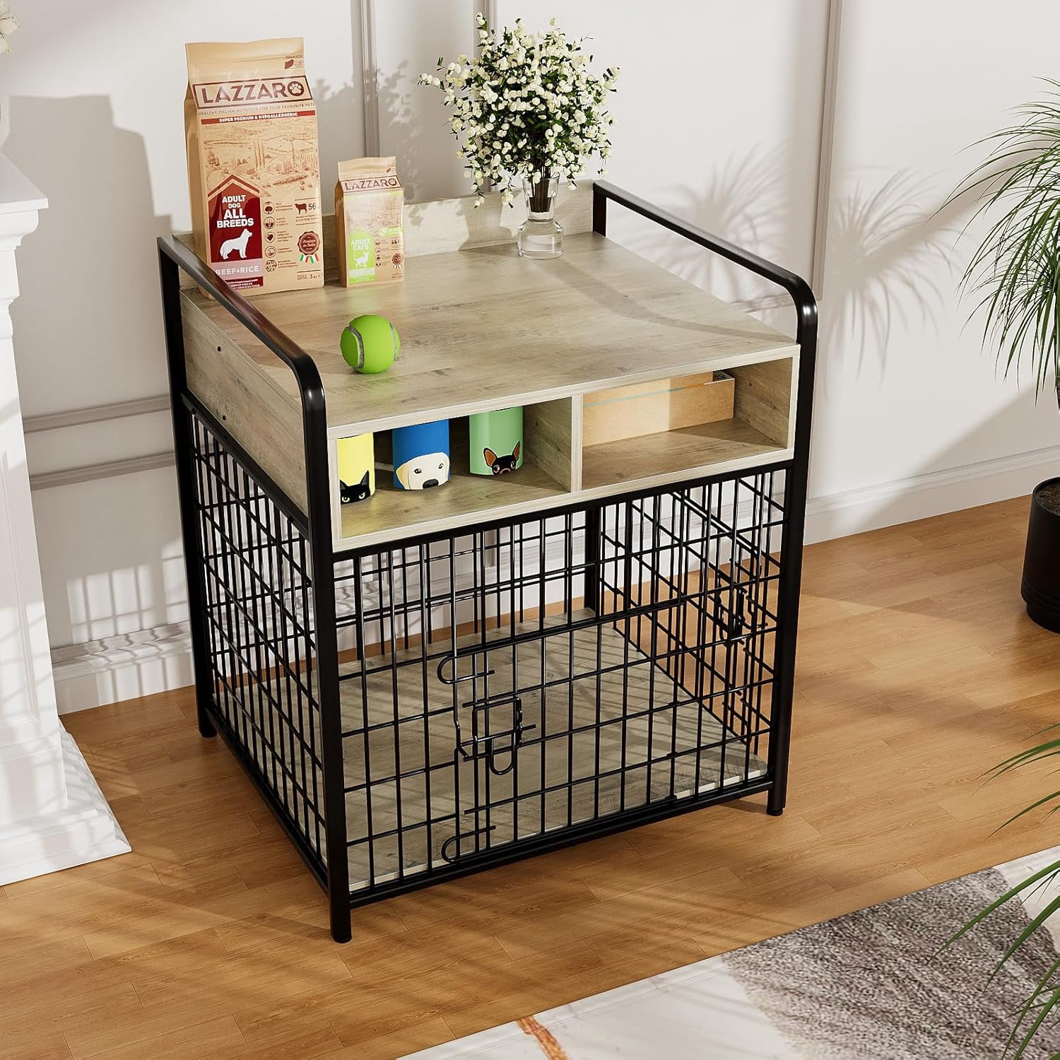 Small Dog Crate Furniture with Drawers Storage, Puppy Dog Kennel Indoor with Double , Heavy Duty Wooden Dog Cage Table, Sturdy Metal, Gray