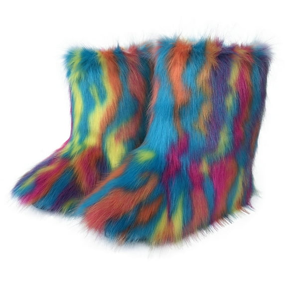 Tao Tao Women's Furry Faux Fur Boots Fuzzy Fluffy Mid Calf Snow Boots Suede Warm Fur Lined Booties Flat Fashion Boots Multicolor 41