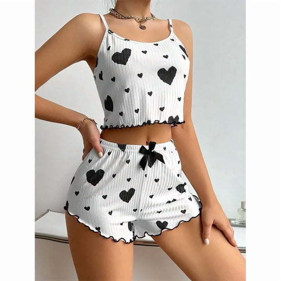 Youpwaven Valentine's Day Heart Print Alluring Nightwear Set 2-Piece Women's Sleeveless Home Clothes Set Embellished Sling Cami Fitted Shorts Sexy Pajamas Homewear Sleepwear Suit for Women Size S-XL