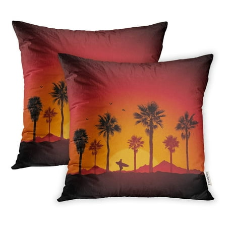 Surfboard Pillows ECCOT Orange Beach Silhouette of Surfer and Palm Trees at Sunset Tropical View Surfboard Pillowcase Pillow Cover 18x18 inch Set of 2 ()