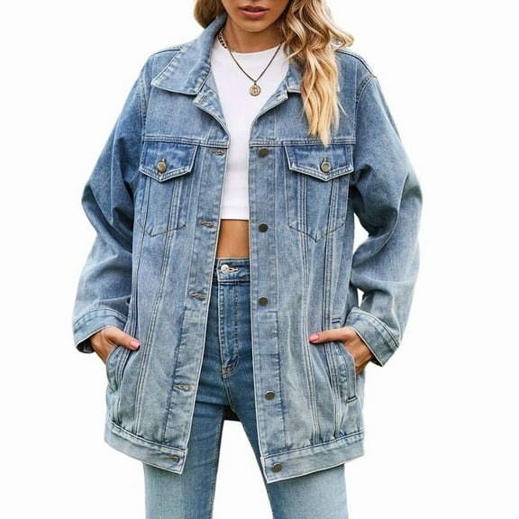 Womens Trendy Long Sleeve Denim Jackets Button Down Fitted Trucker Shacket with Pockets Light Blue M