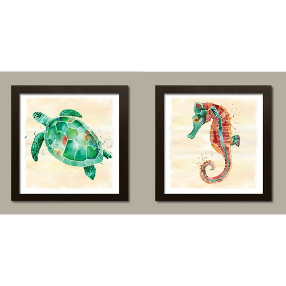 Beautiful Brown and Green Watercolor Seahorse and Turtle Set; Coastal Décor; Two 12x12in Brown Framed Prints