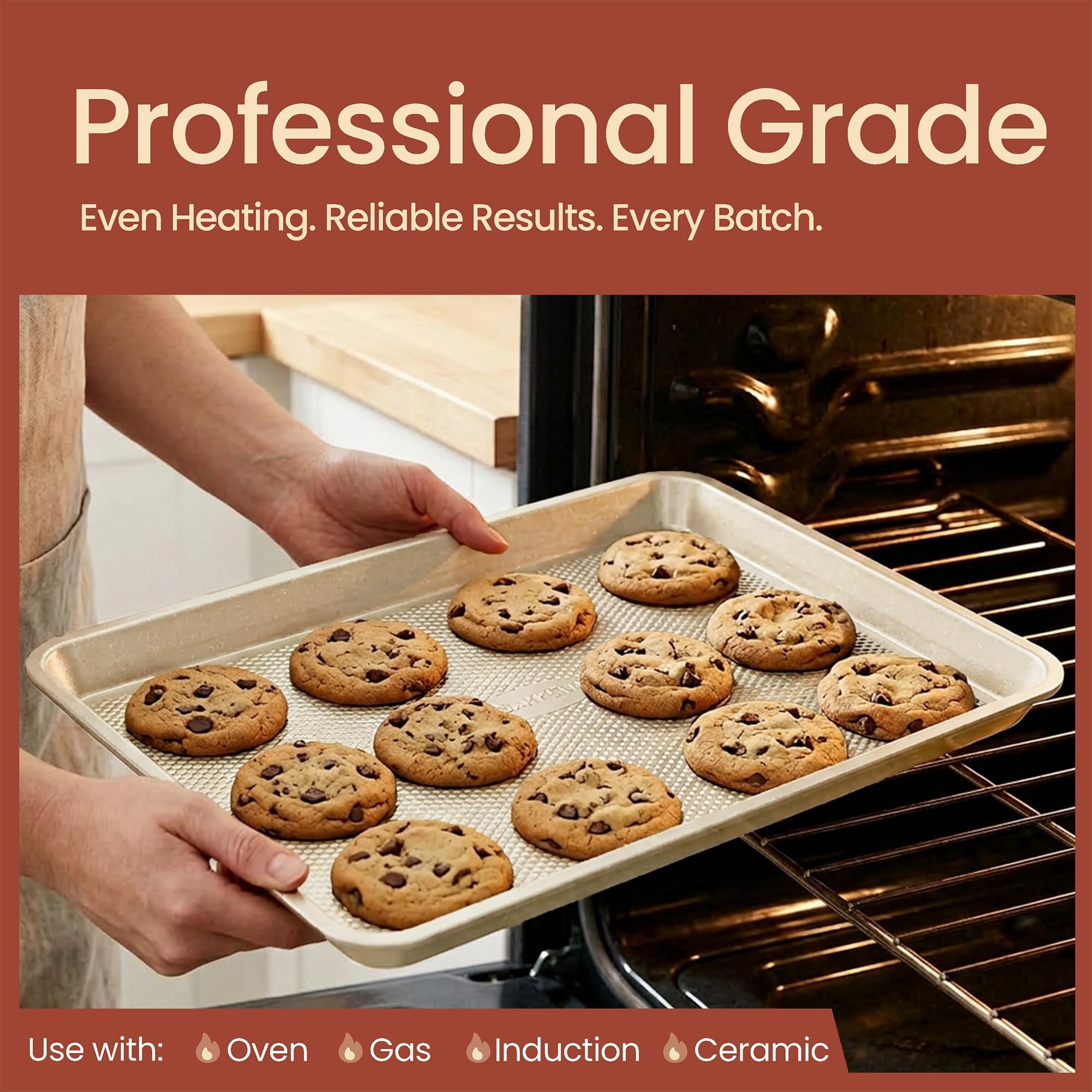 Bakken Baking Pans - Nonstick Coating, 13.58’’ × 9.65’’ Carbon Steel Cookie Sheet, Diamond Texture Bottom, Oven Safe 450°F, White Marble