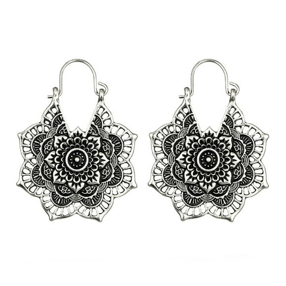 Antique Silver Gypsy Ethnic Boho Hoop Dangle Earrings Handmade Jewelry for Women