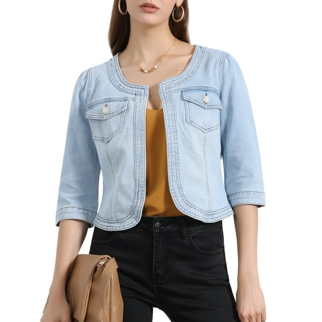 Chaquetas de mezclilla para mujeres INSPIRE CHIC sin cuello, de manga 3/4, cortas, color azul cielo, talla M para el Día de las Madres