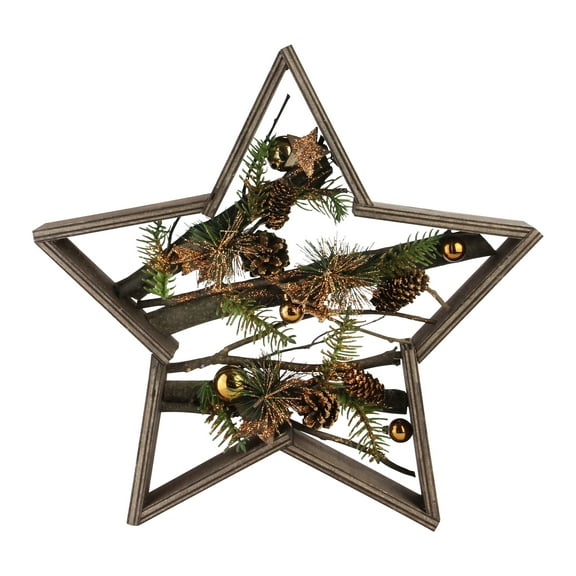 Northlight Wood Framed Star with Mixed Branches and Bells Table or Wall Decoration - 15.25"