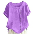thumbnail image 6 of Conairie Linen Shirts For Womens Solid Short Sleeve Regular Fit Crew Neck Button Shirt Comfortable Soft Classic Dressy Casual Tee Purple M, 6 of 6