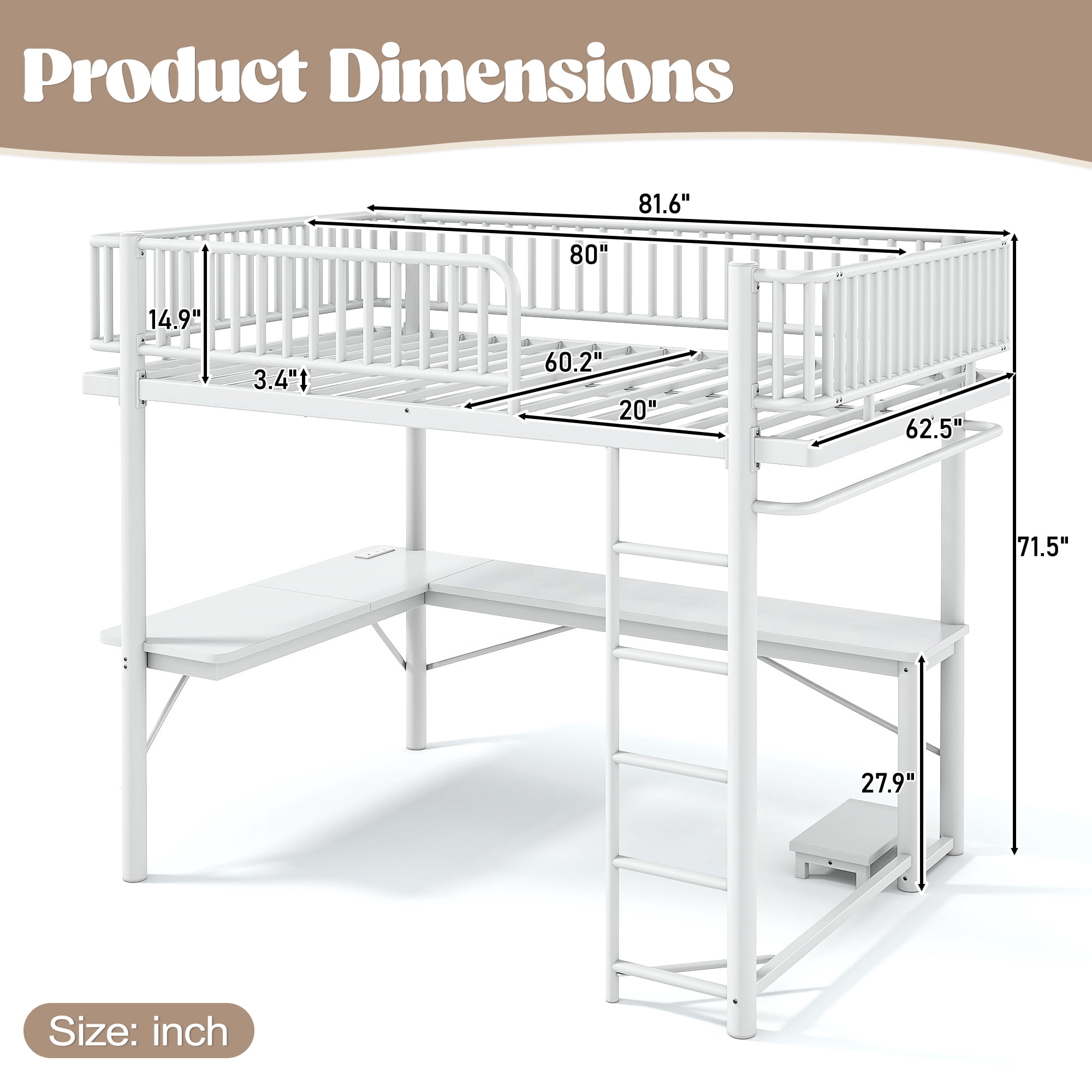 Leumius Queen Loft Bed with L-Shaped Desk,LED Light Strip and Charge Station,Metal Loft Bed Frame with Computer Mainframe Tray and Hanging Area,Light White