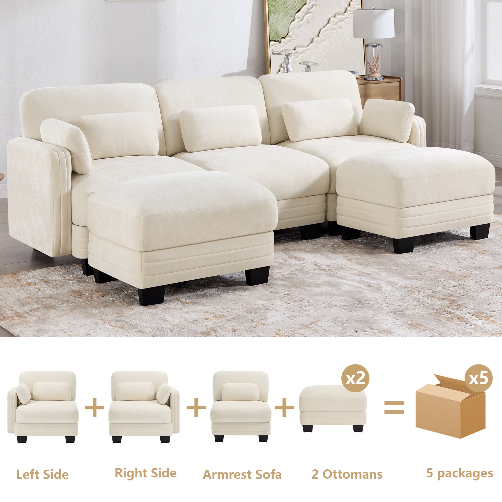 100" U-shaped Tufted Modern Modular Sectional 3 Seater Sofa Couch with 2 Ottomans and 5 Pillows
