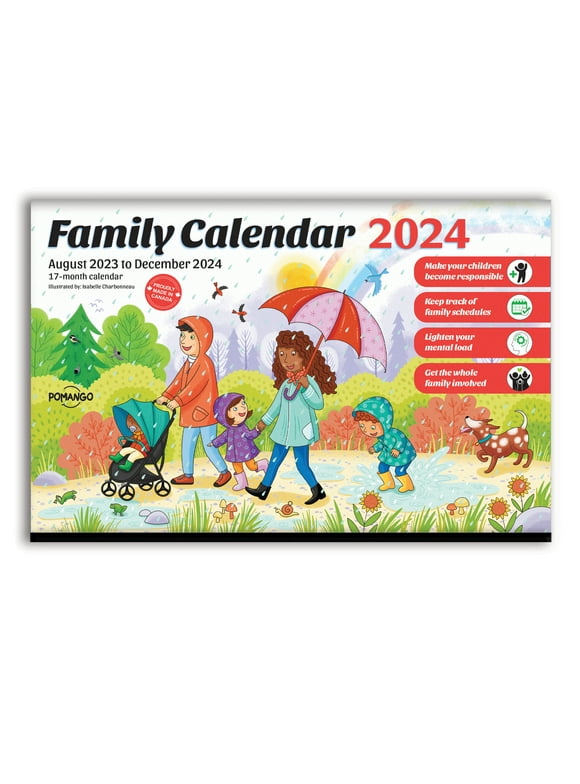 POMANGO 2024 Family Calendar - English | 17 Months Family Planner: August 2023 to December 2024 | 15'' x 9.5'' - Magnetic Strip - 600 Stickers - Notepad - 2023-2024 Edition