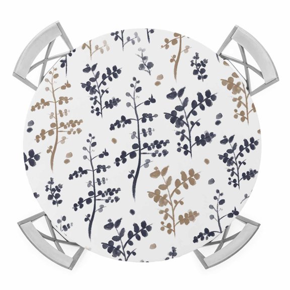 Elastic Fitted Round Tablecloth, Grey Brown Botanical Waterproof Stretch Table Cover for 55"-60" Tables, Watercolor Spring Floral Summer Leaf Washable Outdoor Tablecloths for Patio, Picnic, Camping
