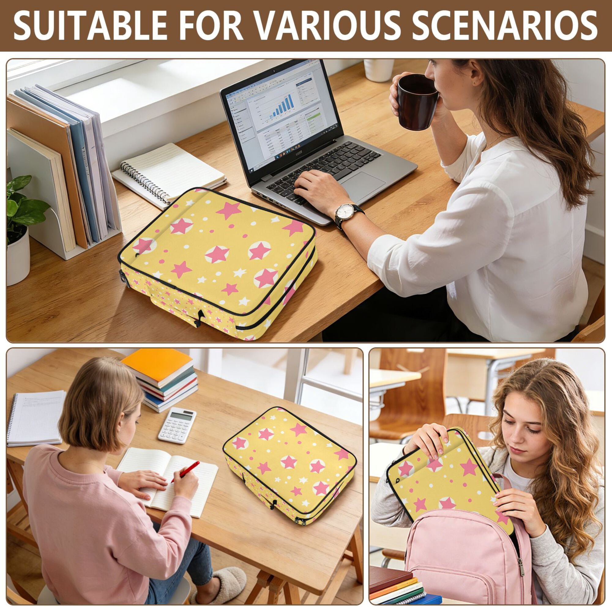 FORMRS Accordion File Folder A4 Size 7-Pocket Expanding Document Organizer Bag with 3 Ring Binder, Yellow Stars