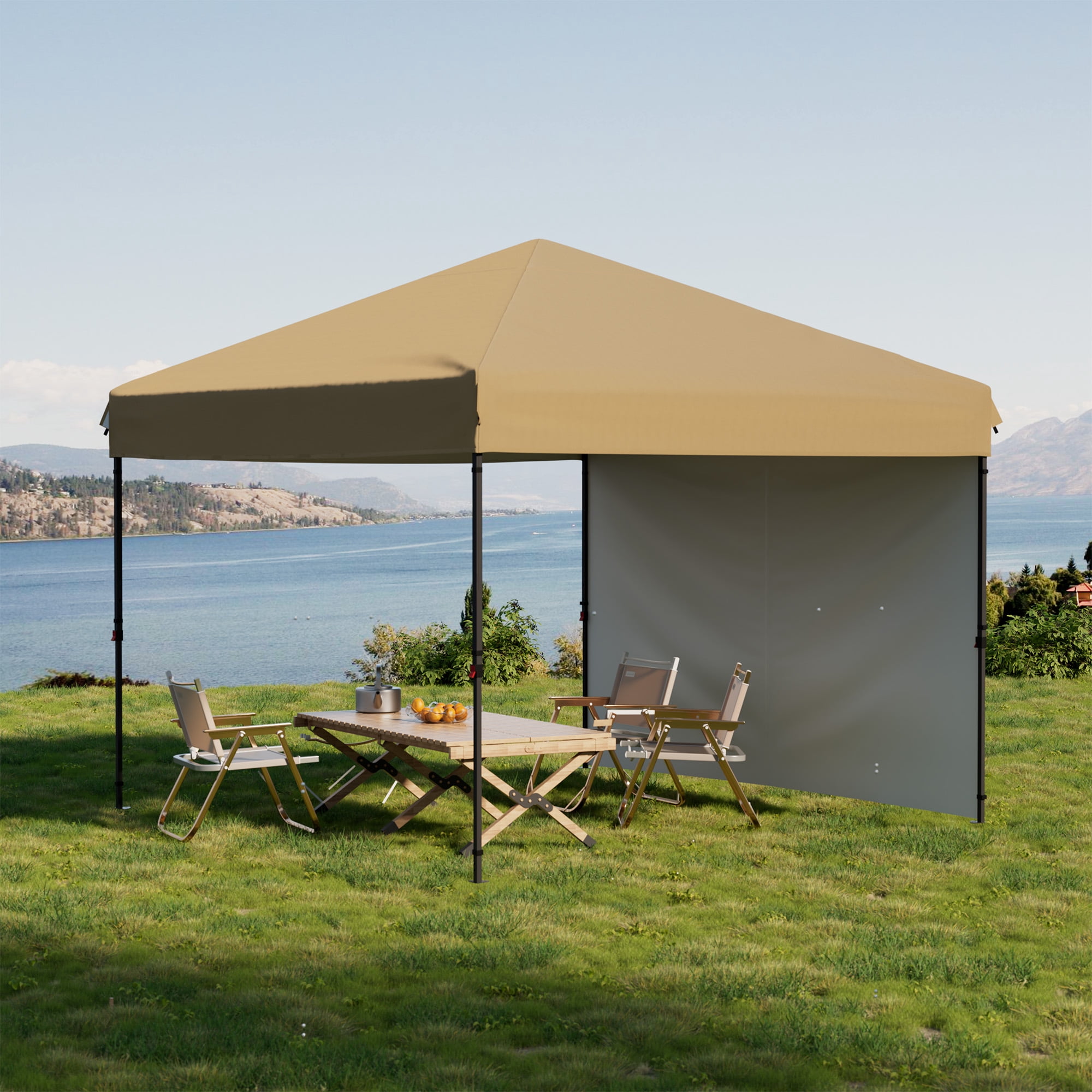 Heavy Duty Pop Up Canopy Tent 10x10 FT – Waterproof & UV-Resistant Outdoor Shelter – 1 Sidewall – Folding 210D Silver Coated Oxford – Easy Setup for Camping, Picnics, Beach, Events – Khaki