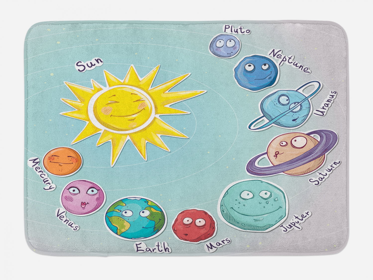 Space Bath Mat, Cute Cartoon Sun and Planets of Solar System Fun Celestial Chart Baby Kids