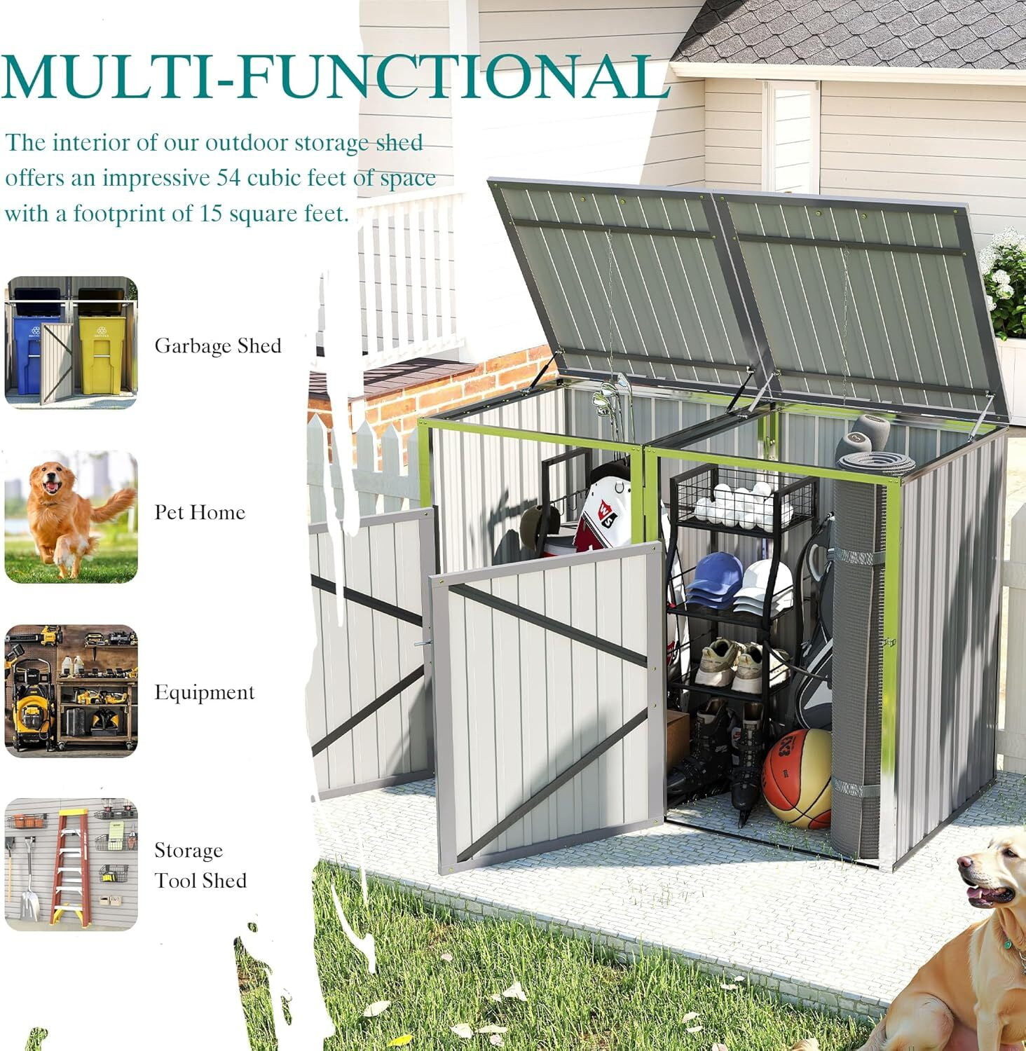 Montary 54 CU.FT Metal Outdoor Garbage Bin Storage Shed with Chain Lid, Waterproof Trash Can Organizer for 2 Bins, Garden Tools for Garden Yard Lawn, Grey