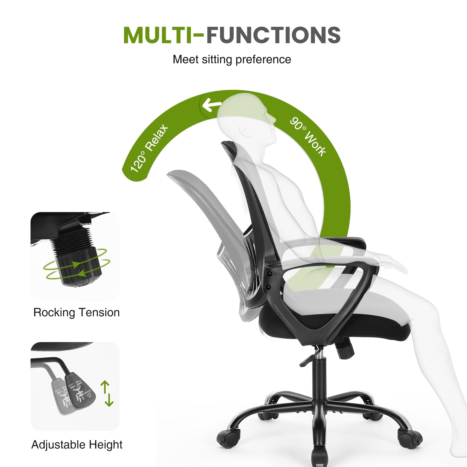 GIANNA Office Chair, Ergonomic Home Mesh Office Desk Chairs, with Armrests, Wheels and Mid-Back Task Chair with Lumbar Support，Black