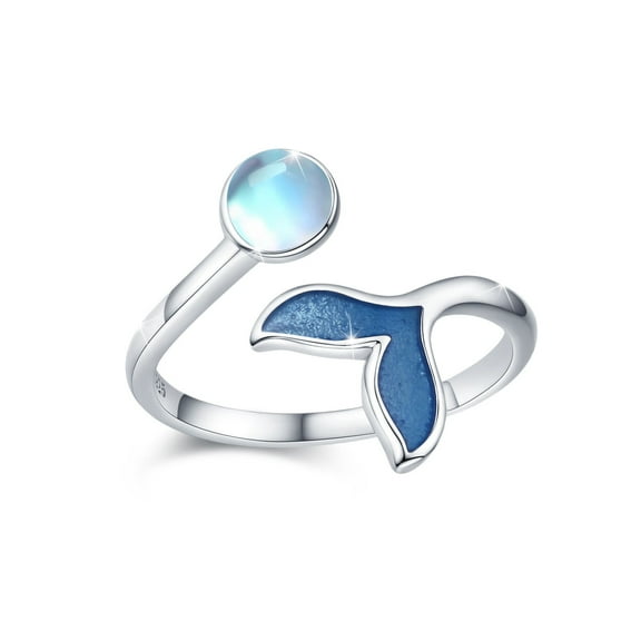 Cuoka Mermaid Tail Ring 925 Sterling Silver Rainbow Moonstone Rings 18K White Gold Plated Adjustable Finger Rings Fish Tail Jewelry Birthday Xmas Gift for Women Wife Mom