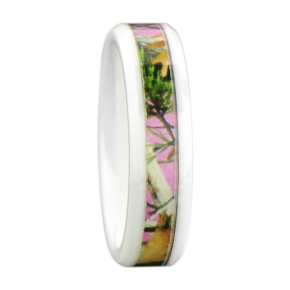 Women's Camo Hunting Camouflage Wedding Band Ring Pink/Green 6mm White Ceramic