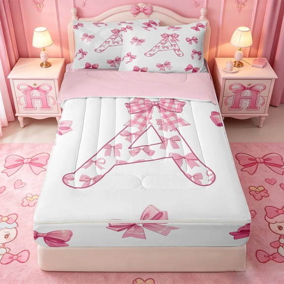 Catabedysis Bow ABC Print A Zipper Twin Comforter Sets with Fitted Sheet and 2 Pillowcases,Personalized Monogrammed Gifts Zipper Bedding Set For Girls,Pink Reversible,4-Piece
