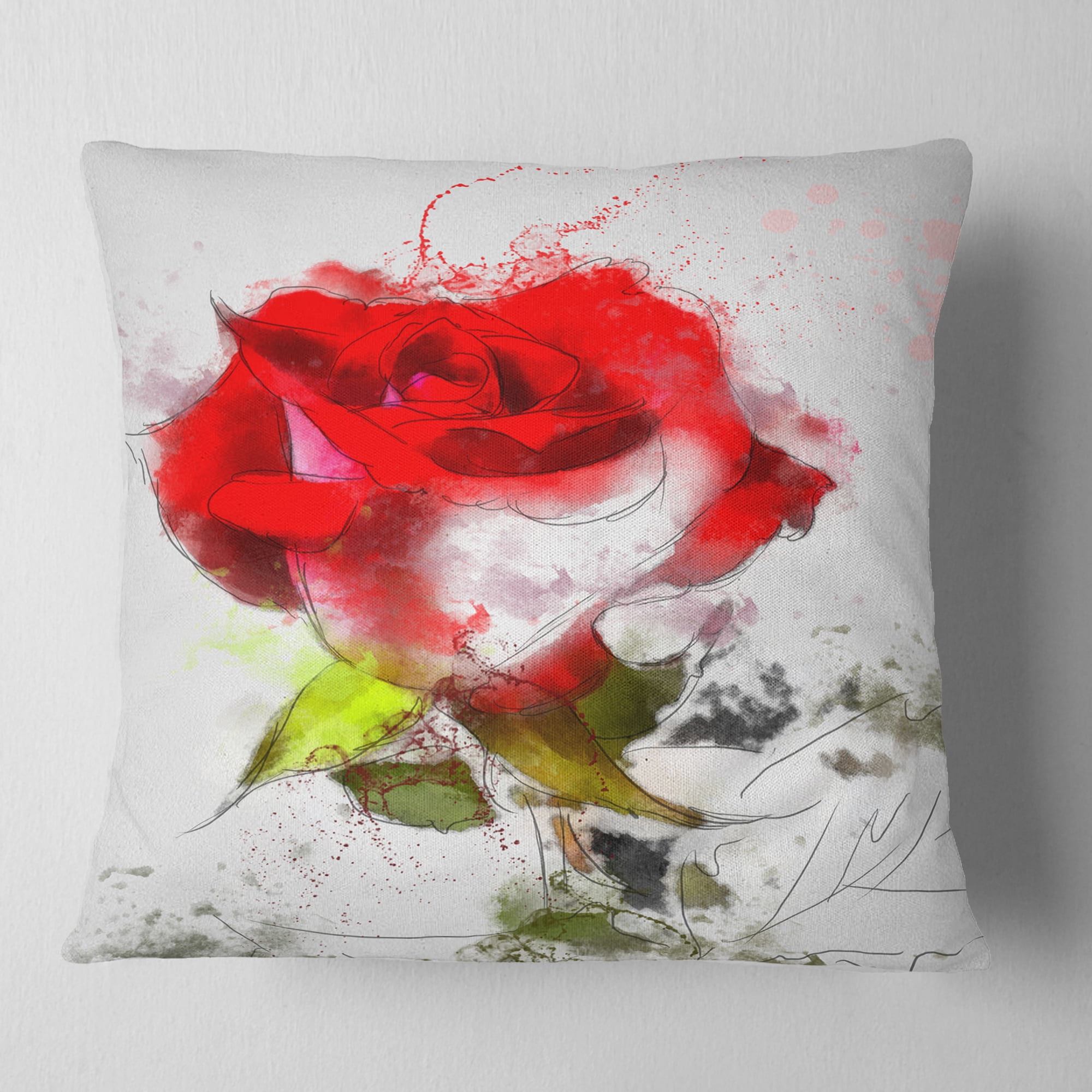 Designart Hand drawn Watercolor Rose Flower - Floral Throw Pillow - 16x16