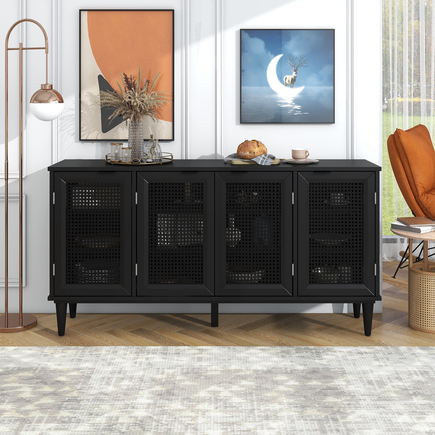 Kepooman Large Floor Storage Cabinet, Storage Space Sideboard for Entryway, Accent Storage Cabinet with Artificial Rattan Door, Black Kepooman Large Floor Storage Cabinet, Storage Space Sideboard for Entryway, Accent Storage Cabinet with Artificial Rattan Door, Black