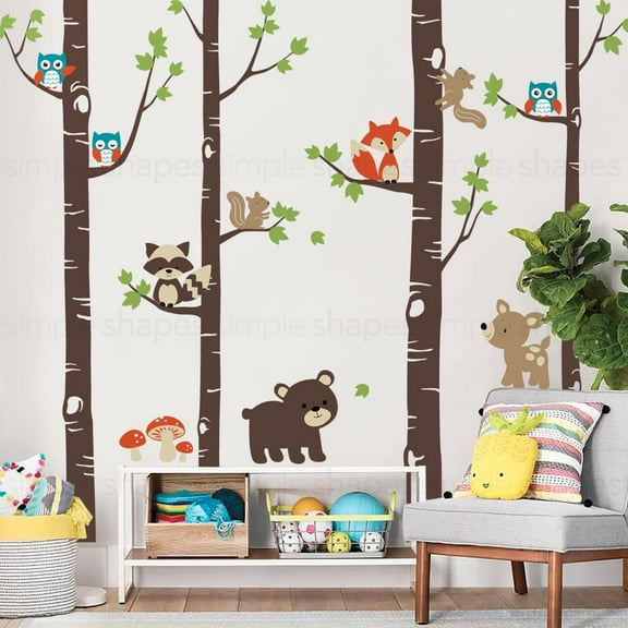 Birch Trees with Cute Forest Animals Wall Decal - Scheme A - 96" Tall Trees