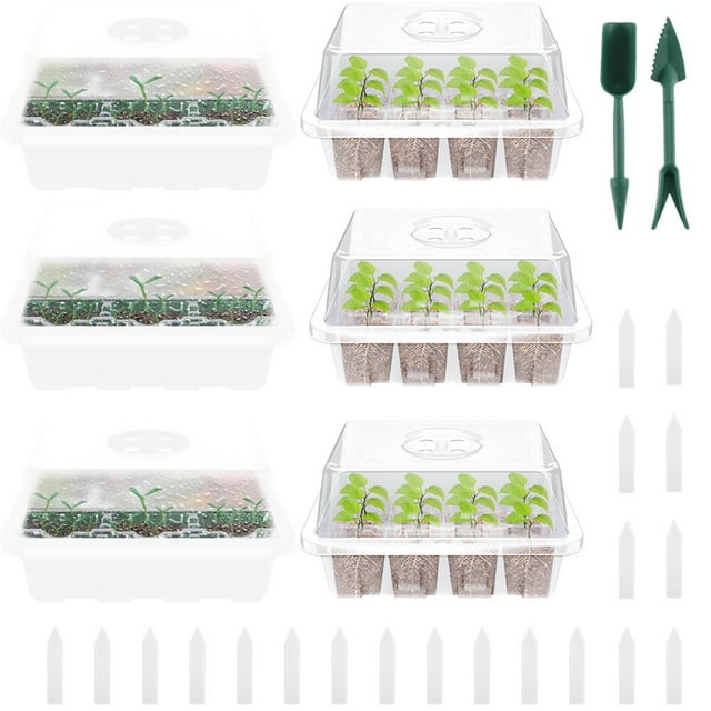 Kit de Démarrage de Semis en Plastique à 12 Trous, Plateau de Démarrage de Semis avec Sortie d'Air Réglable, Ensemble Multifonction de Propagateur de Semences avec 2 Pcs d'Outils de Repiquage et 20 Pcs d'Étiquettes Blanches pour Légumes
