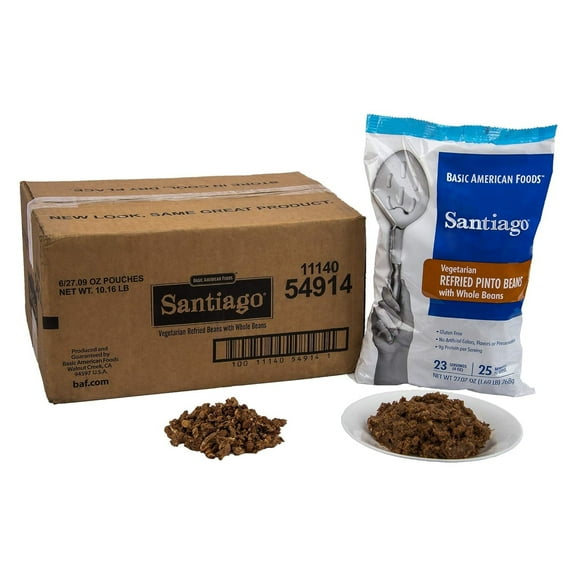 Santiago Whole Vegetarian Refried Pinto Beans - 27.07 oz. pouch (Pack of 6)
