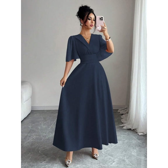 Royal Blue Collared V-Neck Waist-Pleated Chiffon Ruffle Sleeve Elegant Maxi Dress