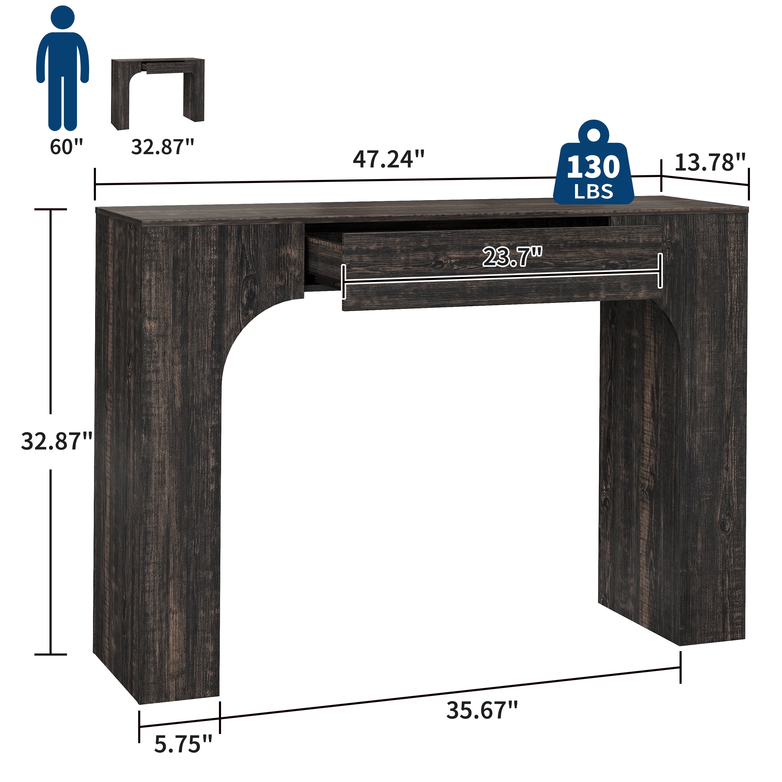 47" Long Console Table with Drawer, Narrow Entryway Table with Anti-Tipping Kit, Farmhouse Walnut Sofa Table for Hallway, Living Room, TV Stand, Vintage Black Oak