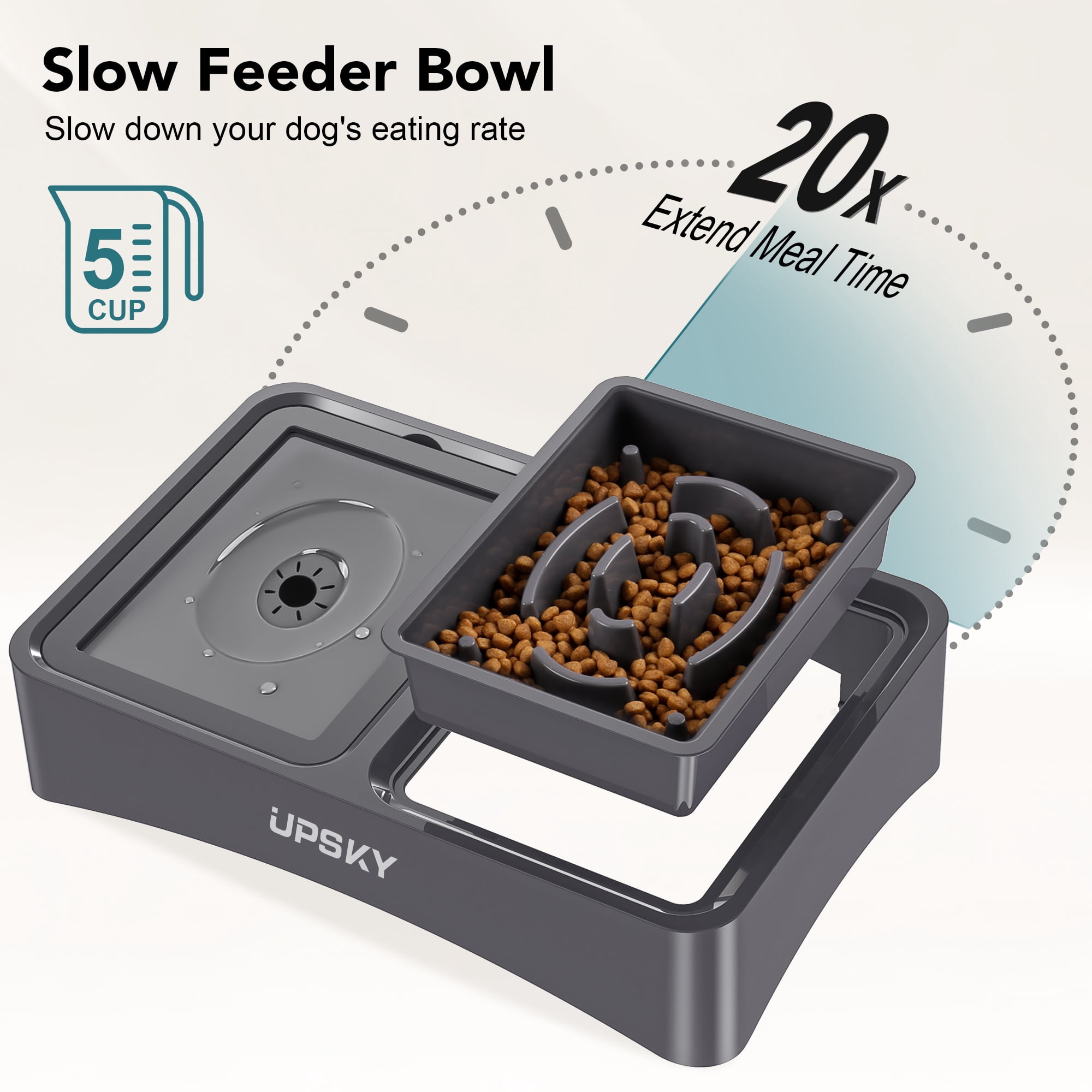 UPSKY 2-in-1 Elevated Dog Bowls Slow Feeder, 4 Height Adjustable Raised Dog Bowl Stand No Spill Dog Water Bowl Dispenser, Anti-Slip Dog Food and Water Bowl for Small Medium Dogs.