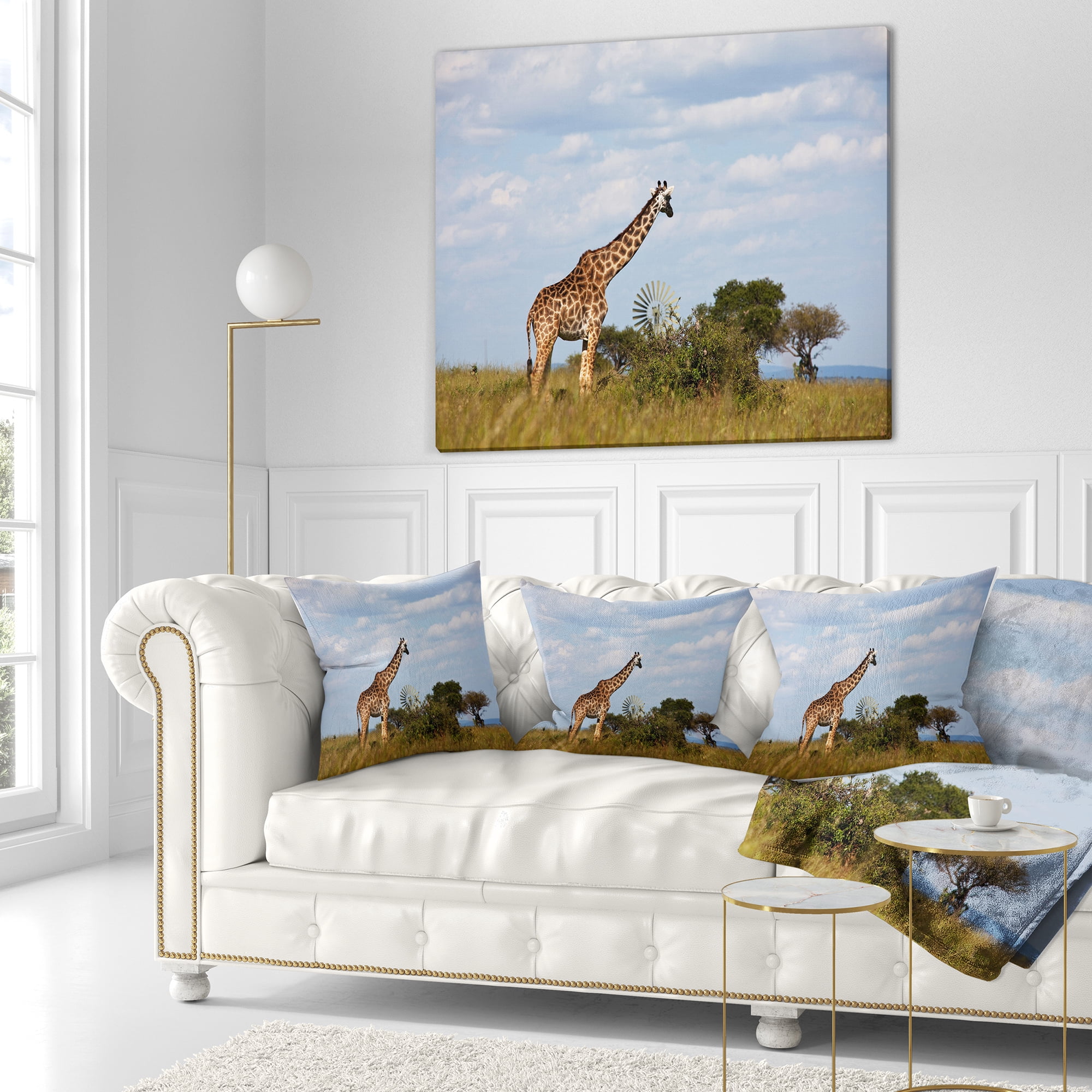 Designart Large Giraffe in Savannah - Landscape Printed Throw Pillow - 18x18